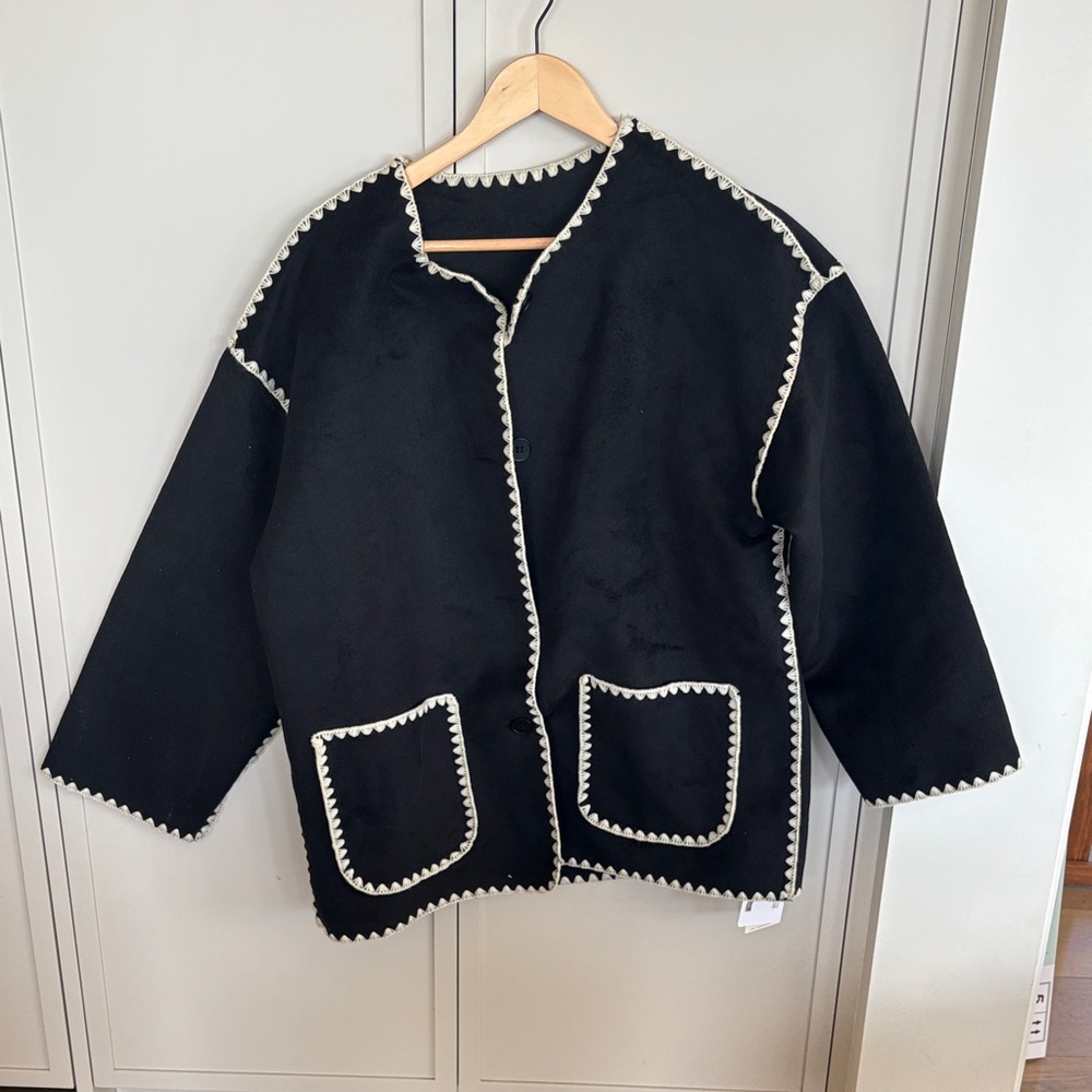 Commense Black Jacket with Cream Trim Scalloped Edges
